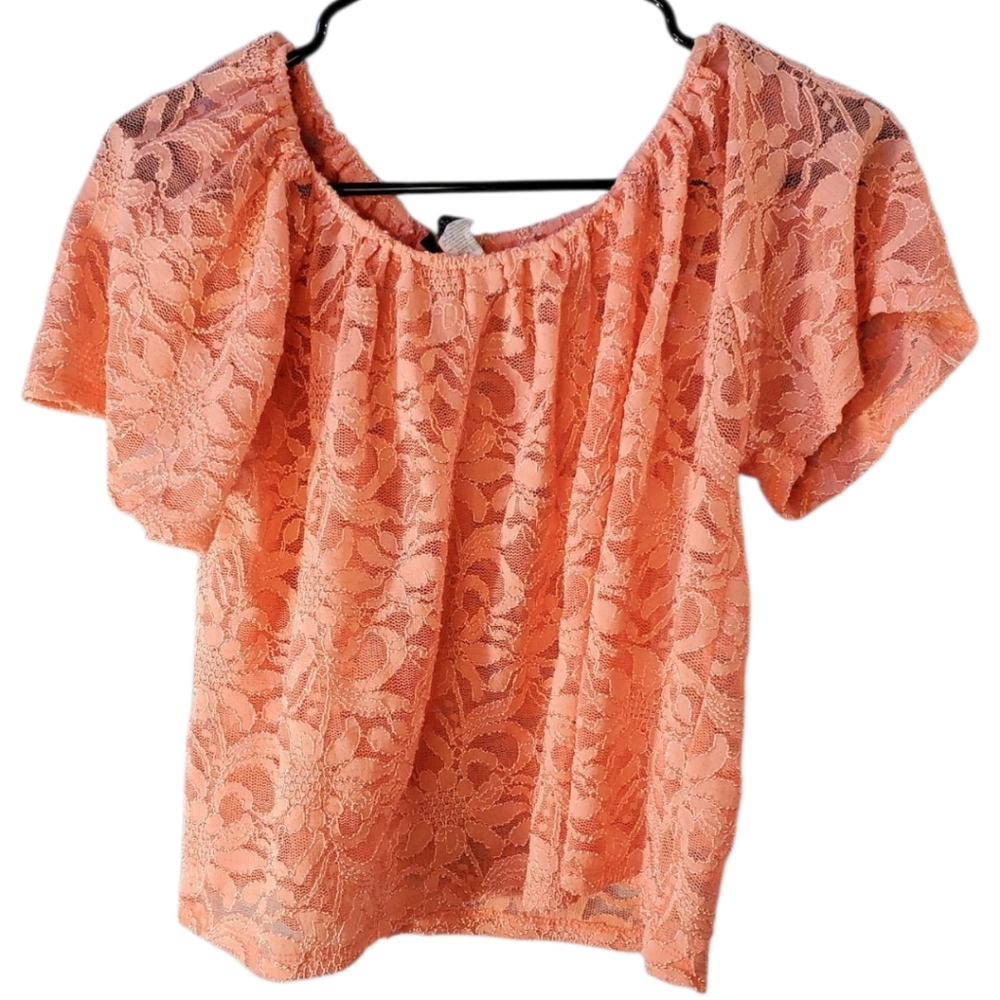 Janette Fashion Peach Puff Sleeve Lace Sheer Top  17"